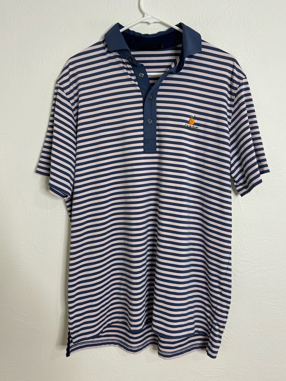 Greyson x Cabot Navy and Light Pink Striped Polo size Large